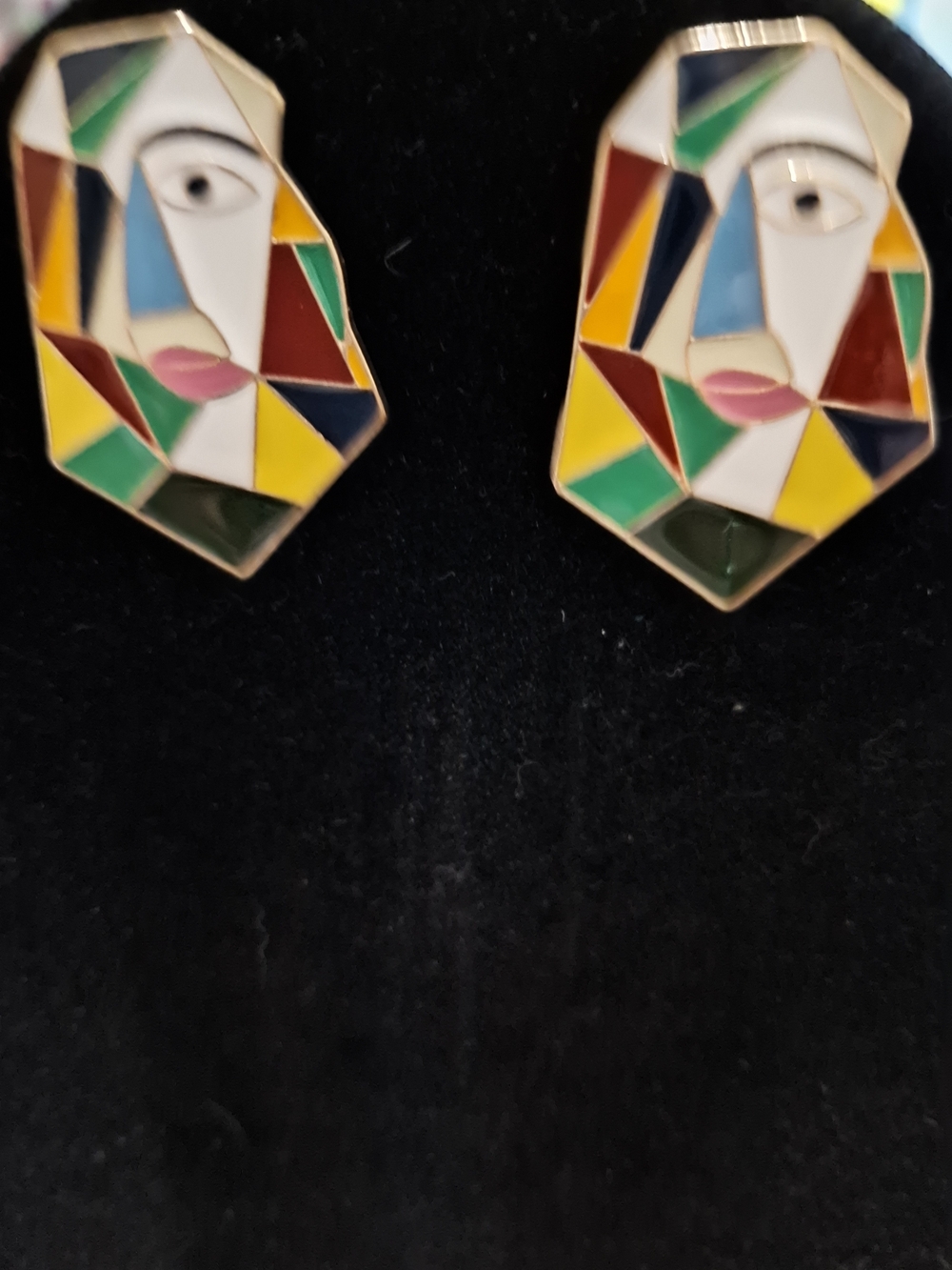 Multicolor Geometric Face Enamel Stud Earrings - Colorful Abstract Design